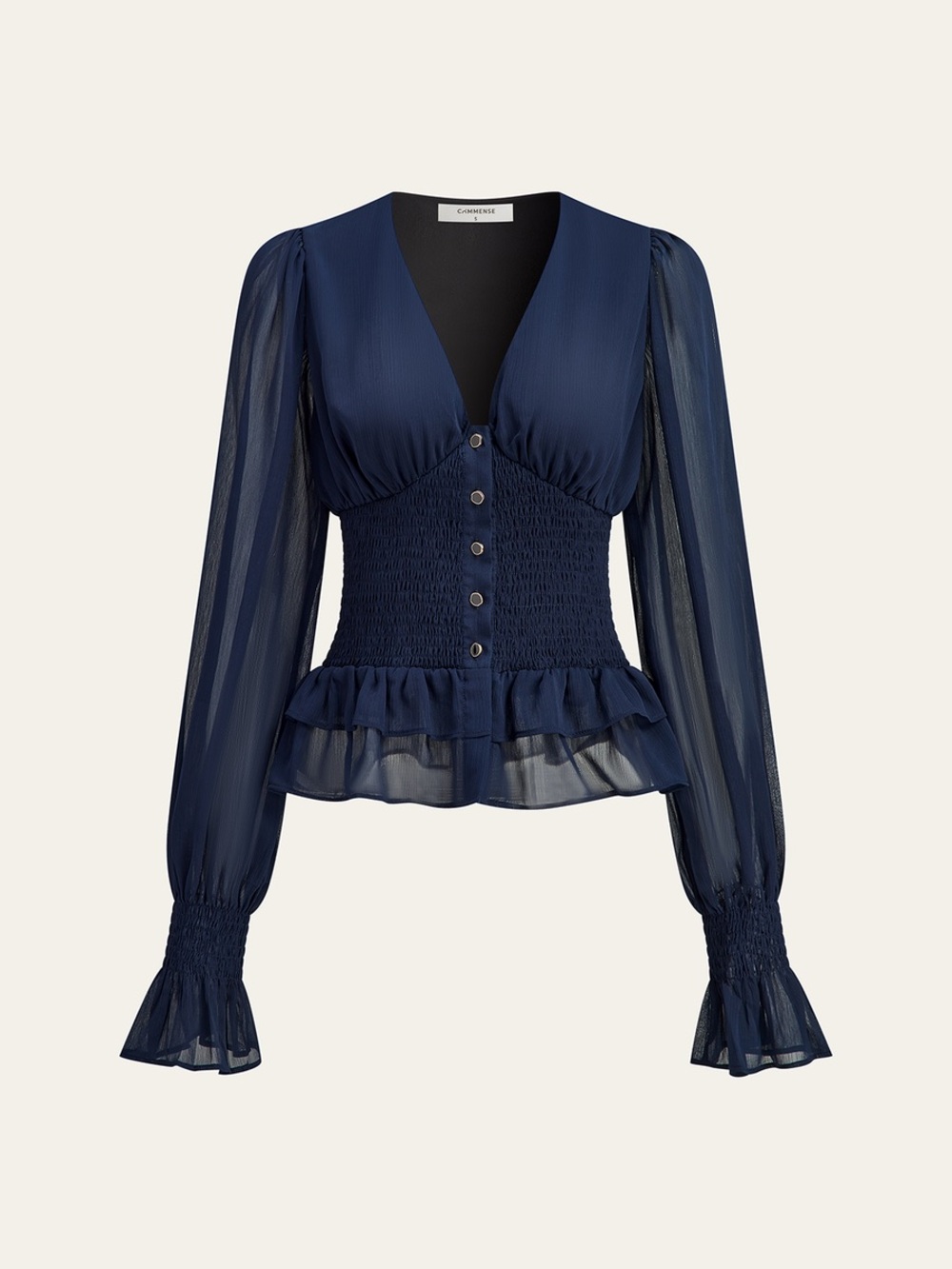 Commense Mesh-Paneled Ruffled Hem Smocked Waist Blouse